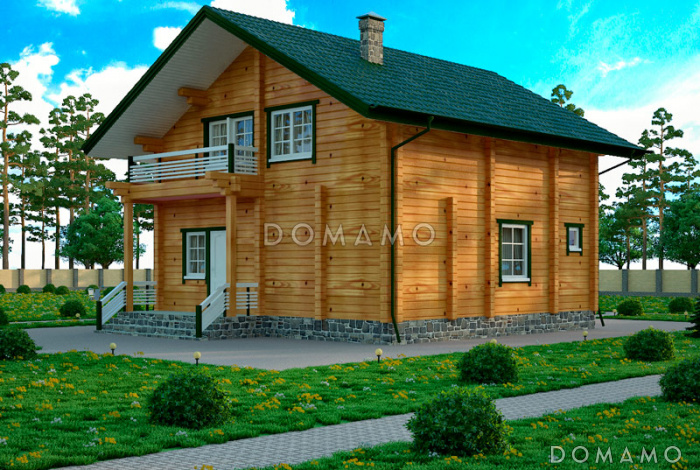 Проект дома из клееного бруса с мансардой и двумя балконами на втором этаже