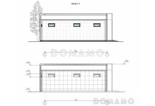 Проект современного гаража на 2 автомобиля с подвалом и хозяйственным помещением / Фасад 3