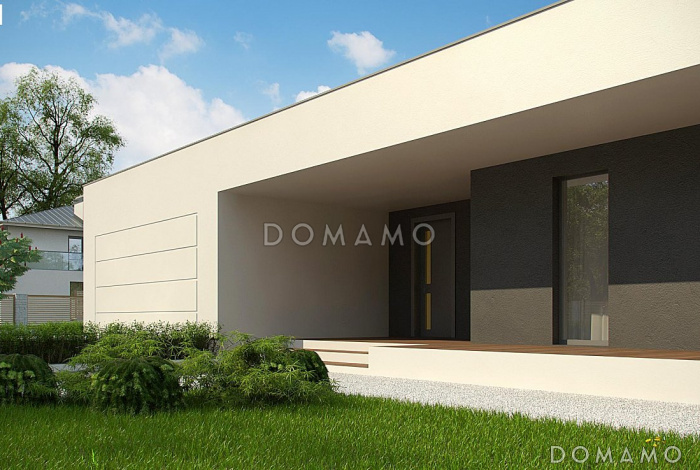 Проект просторного современного одноэтажного дома из кирпича с плоской крышей, большой площадью остекления, с четырьмя спальнями и большим гаражом