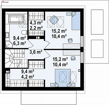 Проект компактного одноэтажного мансардного дома из газобетона с кабинетом и двумя спальнями / План мансардного этажа