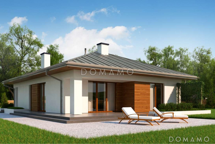 Проект комфортного одноэтажного дома из кирпича с гаражом, тремя спальнями и изолированной кухней