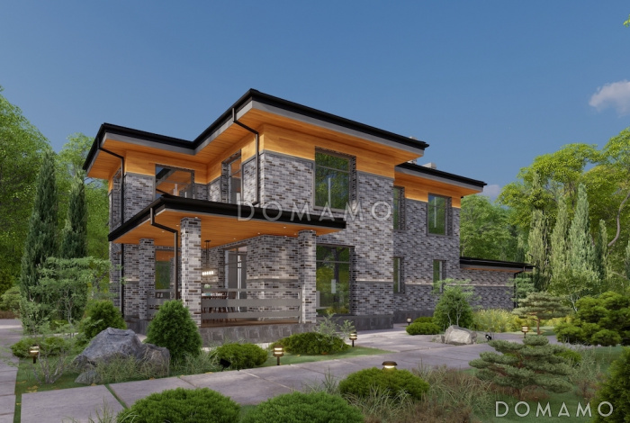 Проект двухэтажного дома из газобетона с 4 спальнями, кабинетом и крытой террасой