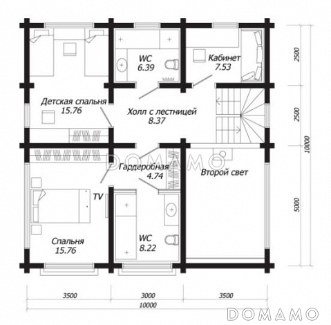 Проект двухэтажного дома из клееного бруса с панорамным остеклением в спальне / План 2 этажа