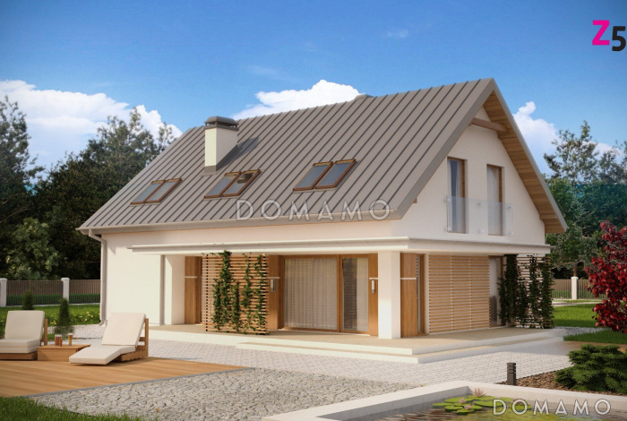 Проект одноэтажного мансардного дома из кирпича с кабинетом, открытой угловой террасой и гаражом