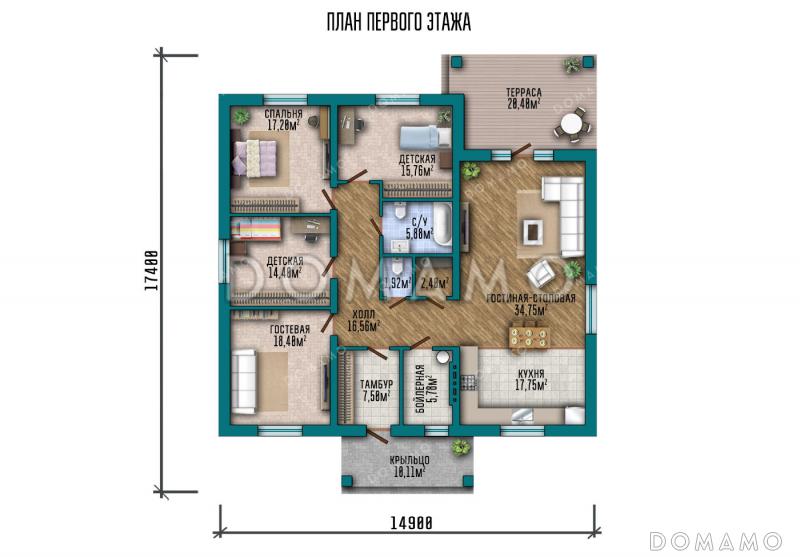 Проект одноэтажного дома в классическом стиле с 4 спальнями и террасой / План 1 этажа
