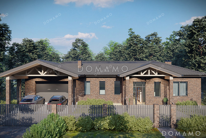 Проект дома с подвалом, гаражом, навесом, тремя спальнями и террасой