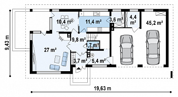 Проект современного двухэтажного дома из газобетона с четырьмя комнатами, большим гаражом, террасой и балконом / План 1 этажа