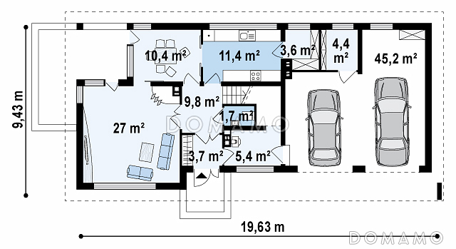Проект современного двухэтажного дома из газобетона с четырьмя комнатами, большим гаражом, террасой и балконом / План 1 этажа