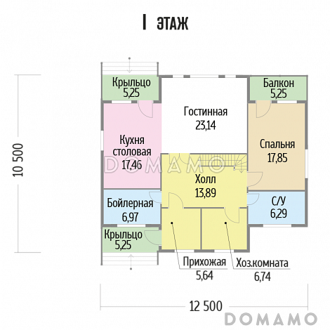 Проект каркасного дома со вторым светом с тремя спальнями / План 1 этажа
