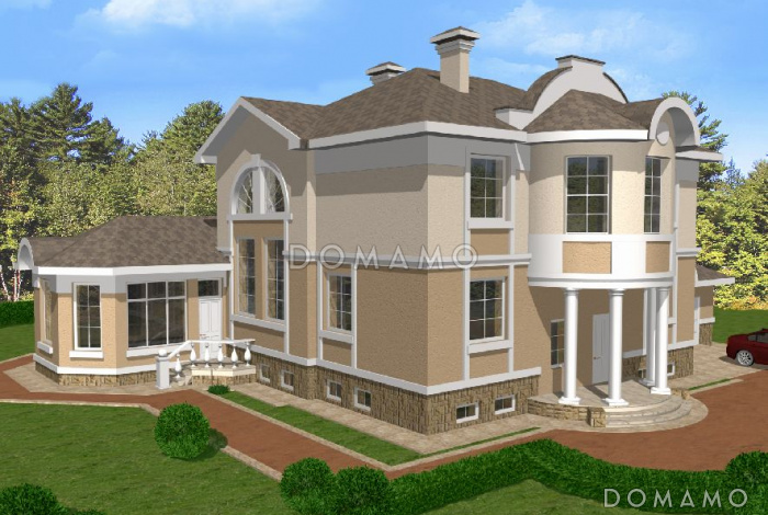 Проект двухэтажного дома из кирпича с полукруглым эркером