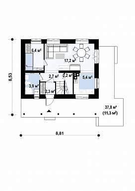 Проект компактного одноэтажного мансардного дома из газобетона с тремя спальнями и фронтальной террасой / План 1 этажа