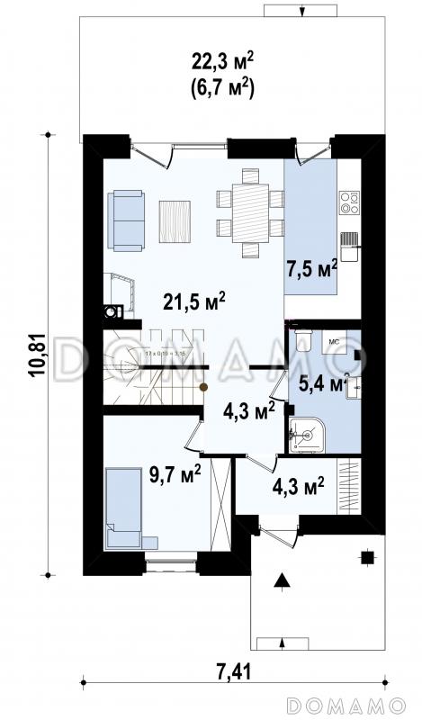 Проект двухэтажного дома из кирпича с кабинетом и балконом / План 1 этажа