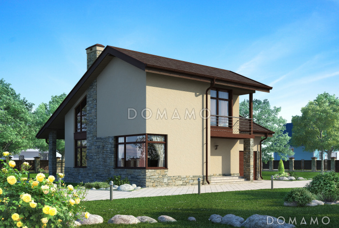 Проект дома с гаражом, гостиной с панорамным окном, тремя спальнями на мансардном этаже, кладовой