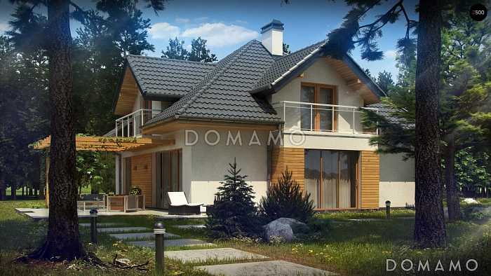 Проект классического одноэтажного мансардного дома из кирпича с дополнительной спальней на первом этаже, с тремя балконами и гаражом на два автомобиля