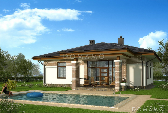 Проект одноэтажного дома из SIP панелей с панорамным окном на крытую террасу