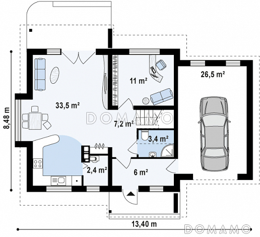 Проект одноэтажного дома из кирпича с жилым мансардным этажом и гаражом / План 1 этажа