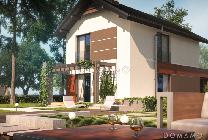 Проект небольшого двухэтажного дома из кирпича с тремя спальнями и балконом, с гаражом