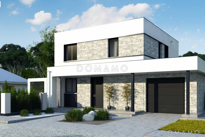 Проект современного двухэтажного дома из кирпича с плоской крышей, четырьмя комнатами, угловым остеклением гостиной и гаражом