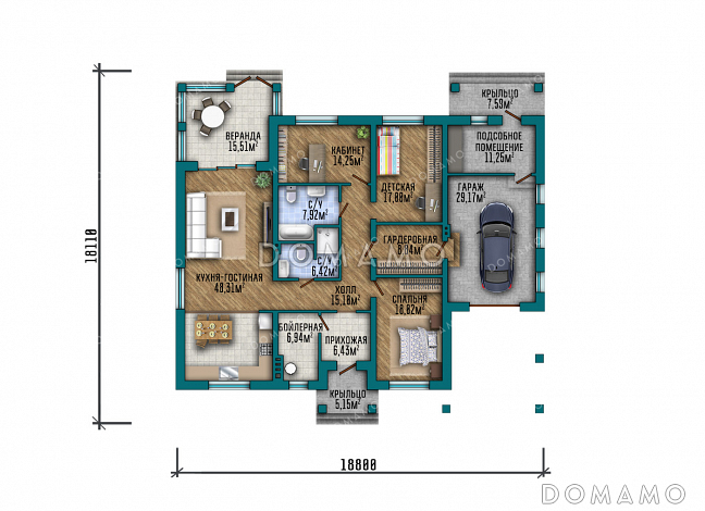 Проект большого одноэтажного дома с пристроенным гаражом, просторной кухней-гостиной, крытой застекленной верандой и навесом перед гаражом / План 1 этажа