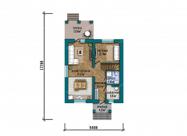Проект квадратного двухэтажного дома с классической отделкой фасадов облицовочным кирпичом, совмещенной кухней-гостиной на первом этаже и спальной зоной на втором / План 1 этажа
