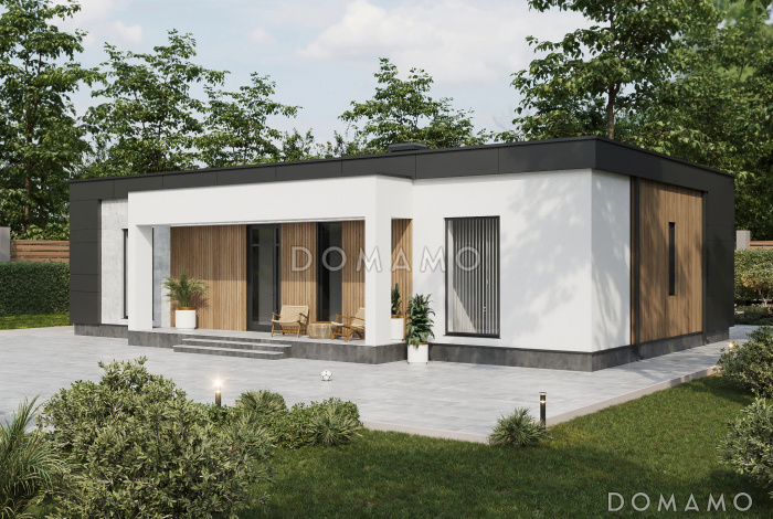 Проект одноэтажного газобетонного дома в стиле хай-тек с двумя спальнями, кабинетом и крытой террасой