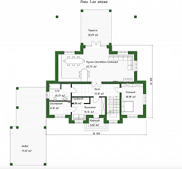 Проект двухэтажного дома из газобетона с пристроенным навесом, верандой и камином / План 1 этажа