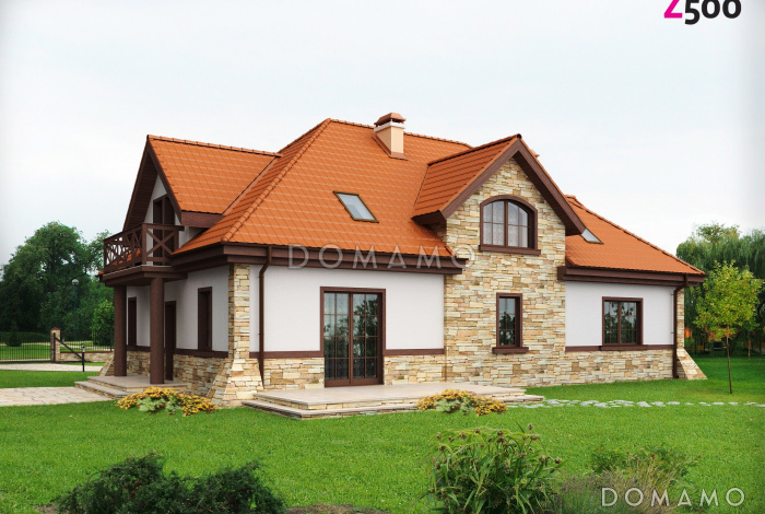 Проект комфортного одноэтажного мансардного дома из газобетона для двух семей в стиле русской усадьбы