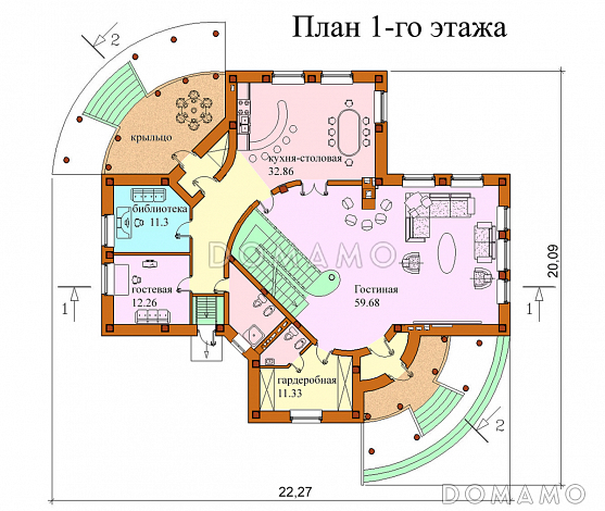Проект двухэтажного дома с бильярдной и тренажерным залом на цокольном этаже / План 1 этажа