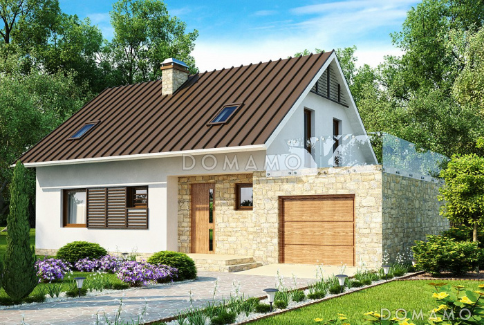 Проект одноэтажного мансардного дома из кирпича с кабинетом, гаражом и террасой над ним