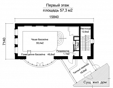 Проект бассейна круглогодичного использования с чердачным этажом под физкультурный зал / План 1 этажа
