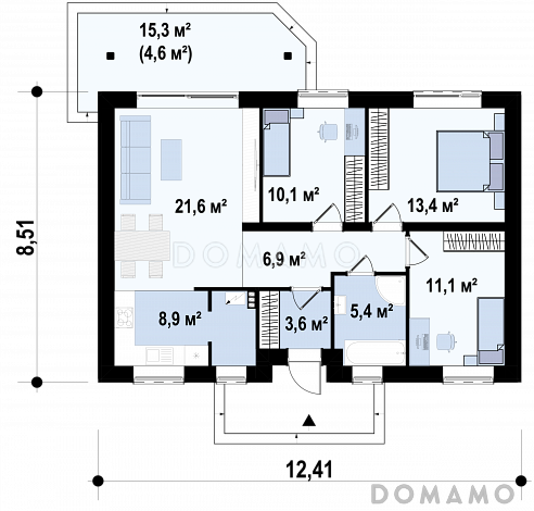 Проект одноэтажного кирпичного дома с просторной гостиной и 3 спальнями / План 1 этажа