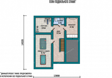 Проект дома с зоной отдыха и спортзалом в подвале, 3 спальнями и вместительной кладовой / План цокольного этажа