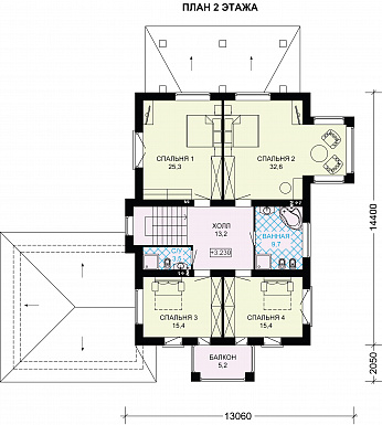 Проект двухэтажного дома с вместительным гаражом для двух авто / План 2 этажа