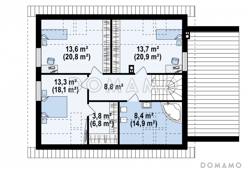 Проект одноэтажного коттеджа из газобетона с мансардным этажом, большой светлой гостиной и пристроенным гаражом / План мансардного этажа