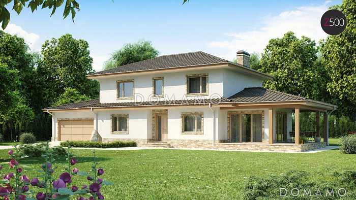 Проект красивого просторного двухэтажного коттеджа из газобетона с крытой террасой и гаражом