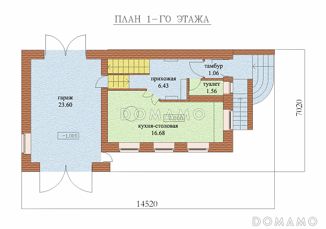 Проект двухэтажного дома с цокольным и мансардным этажами, с сауной и гаражом / План 1 этажа