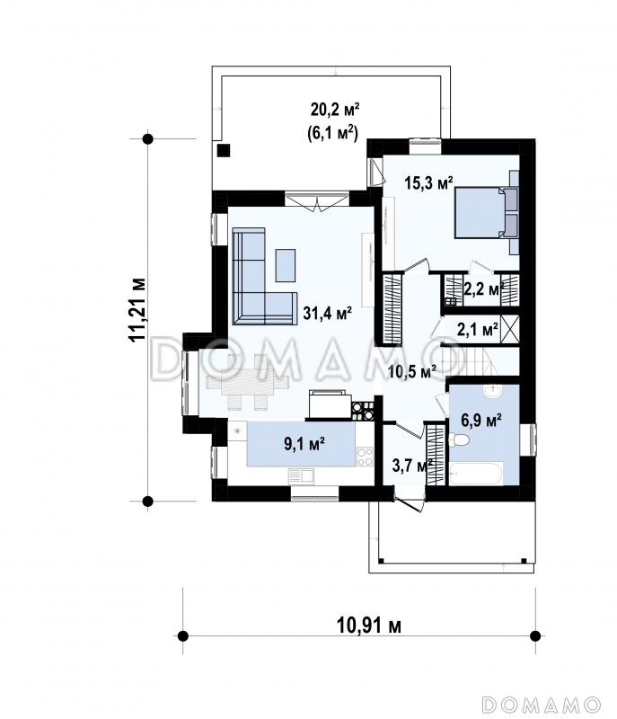 Проект загородного дома с кладовой, балконом, тремя светлыми спальнями в мансарде / План 1 этажа