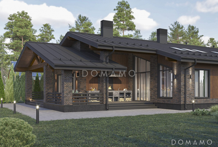 Проект одноэтажного дома с тремя спальнями, крытой террасой, навесом для двух автомобилей