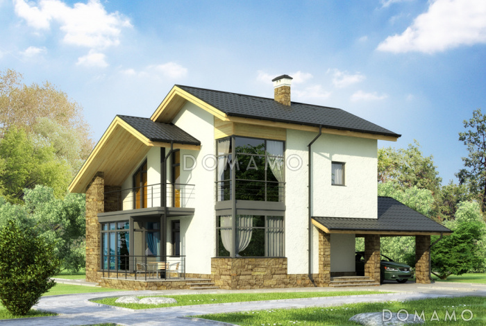 Проект дома с парной, бильярдной, навесом для машины, спальней с панорамным окном,