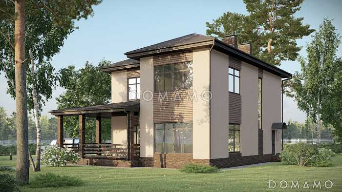 Проект двухэтажного дома с тремя спальнями наверху и одной внизу, крытой террасой и котельной