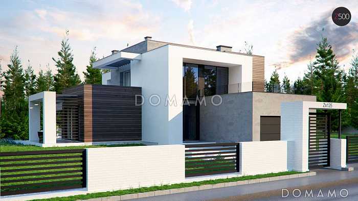 Проект большого современного двухэтажного дома из газобетона с четырьмя спальнями, кабинетом и гаражом для участка с рельефом