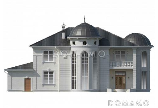 Проект двухэтажного дома в византийском стиле из газобетона с двумя круглыми эркерами и гаражом / Фасад 1