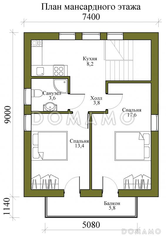 Проект гаража на два машиноместа с мансардой / План мансардного этажа