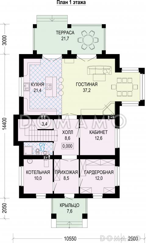 Проект двухэтажного особняка из газобетона с мансардой / План 1 этажа