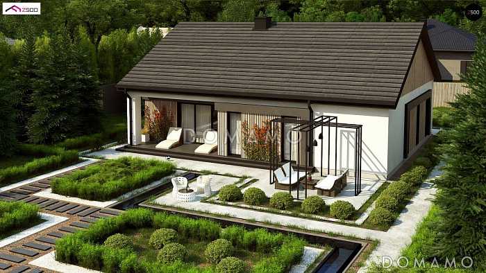 Проект одноэтажного дома с мастер-спальней, просторной гостиной с камином, террасой