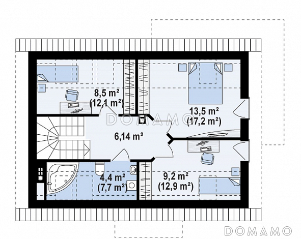 Проект одноэтажного мансардного дома из кирпича с угловым окном в кухонной зоне и кабинетом / План мансардного этажа