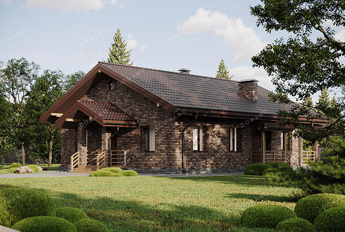 Проект выразительного одноэтажного дома с двухскатной крышей в разных уровнях, большой террасой и вторым светом