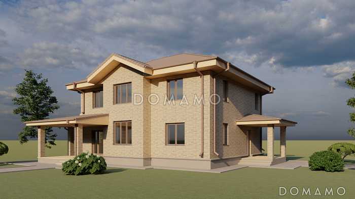 Проект двухэтажного дома с крытой террасой и четырьмя спальнями