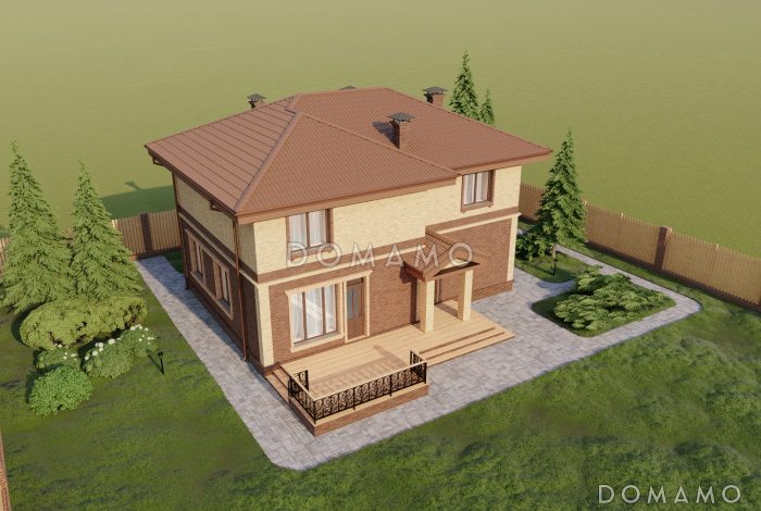 Проект двухэтажного дома с просторными террасой и кухней-столовой