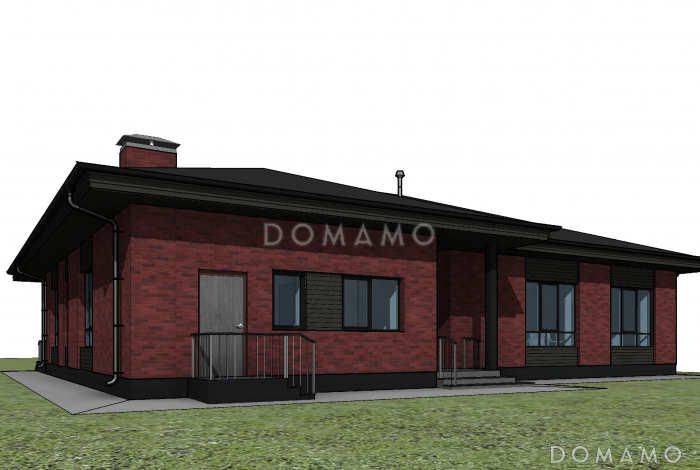 Проект одноэтажного дома с детскими комнатами, кабинетом, хозяйской спальней, террасой